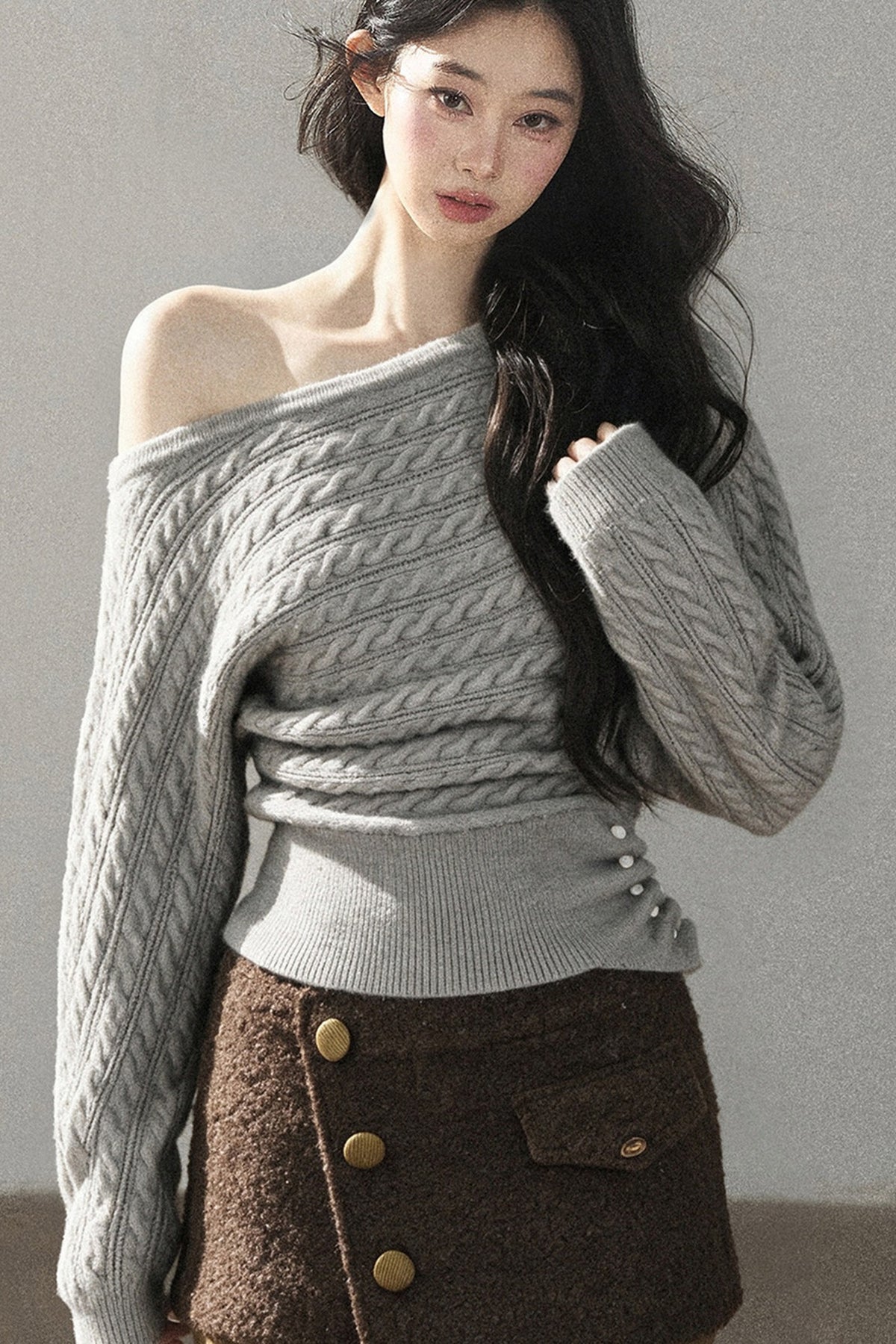 Off-Shoulder Cable Knit Sweater