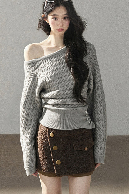 Off-Shoulder Cable Knit Sweater