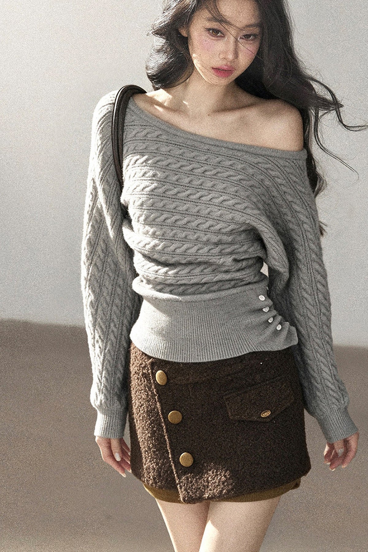Off-Shoulder Cable Knit Sweater