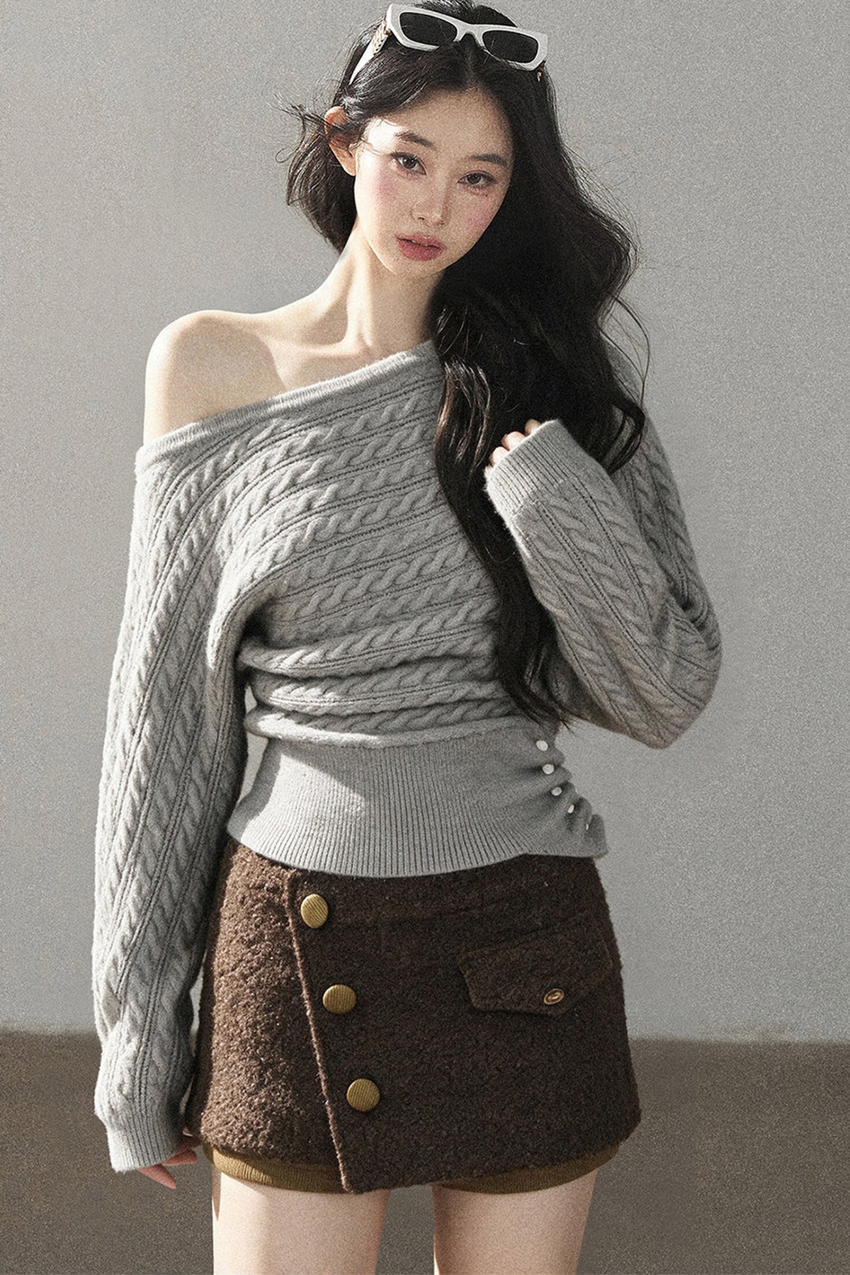 Off-Shoulder Cable Knit Sweater