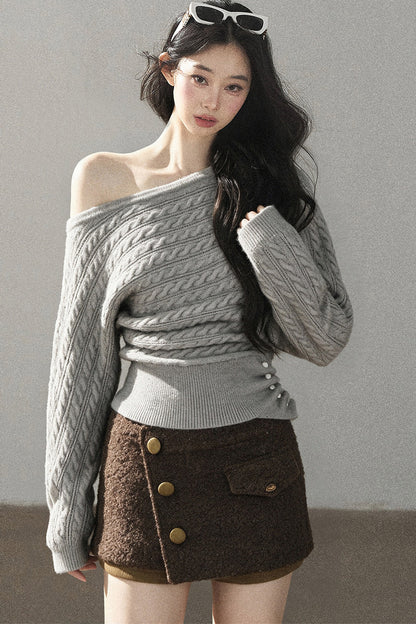 Off-Shoulder Cable Knit Sweater