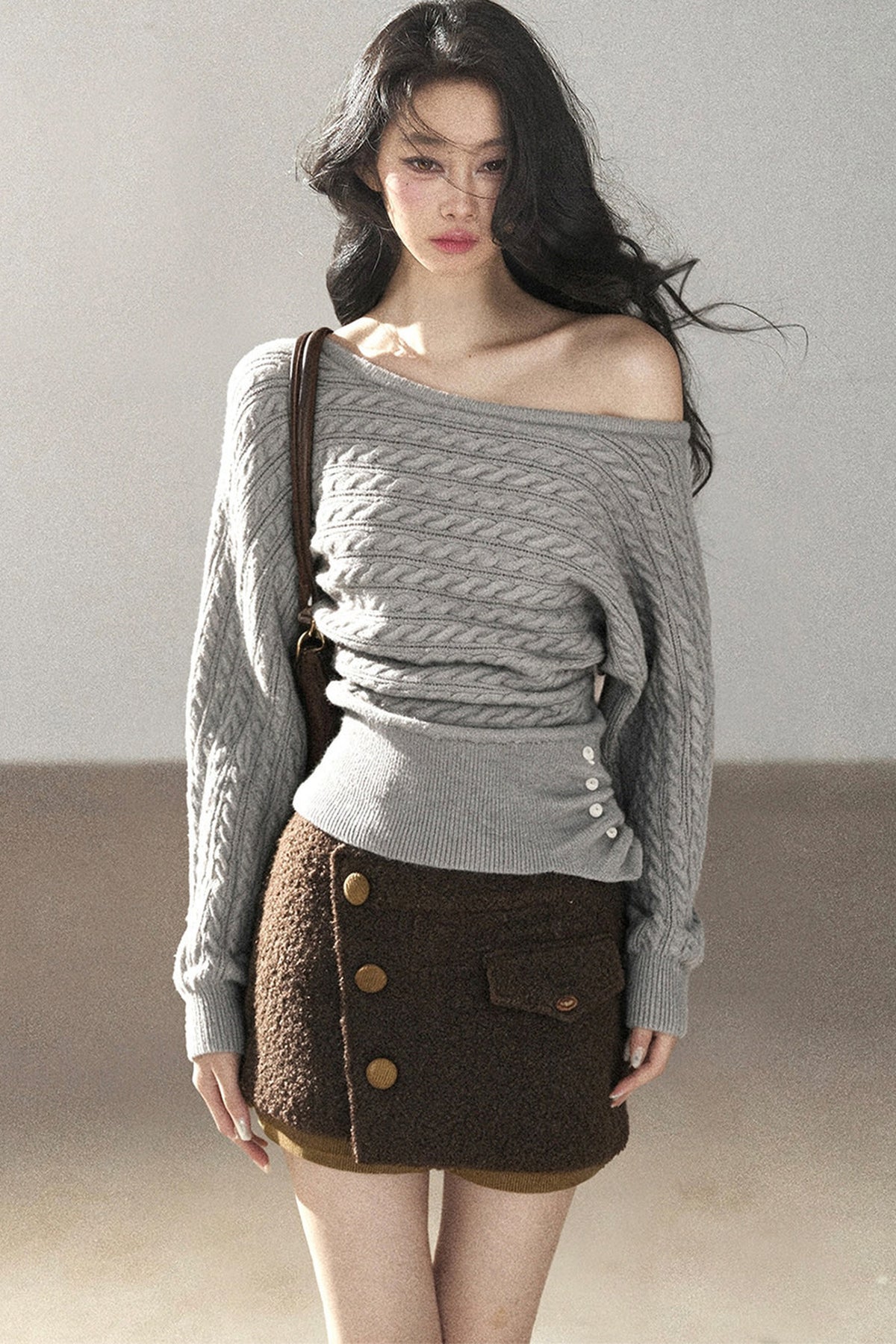 Off-Shoulder Cable Knit Sweater