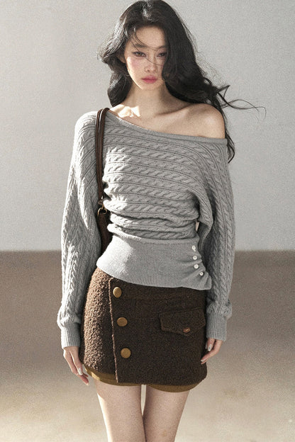 Off-Shoulder Cable Knit Sweater