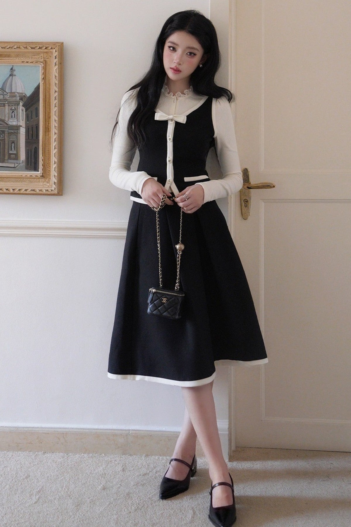 French Style Color-Block Bowknot Vest and Skirt Set-Up