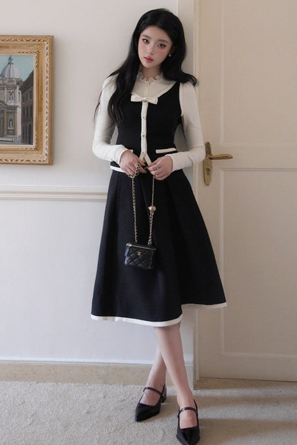 French Style Color-Block Bowknot Vest and Skirt Set-Up