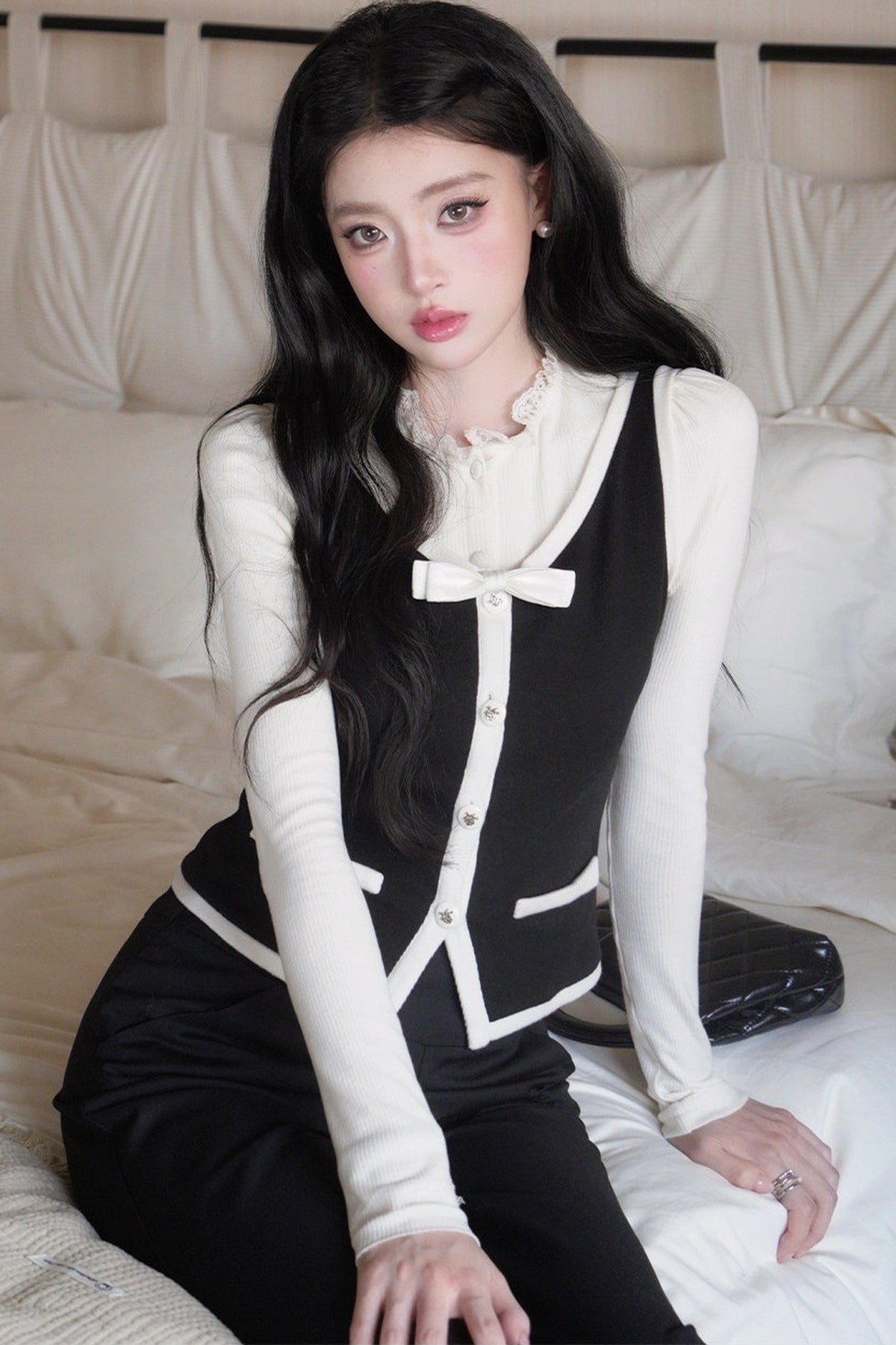 French Style Color-Block Bowknot Vest and Skirt Set-Up