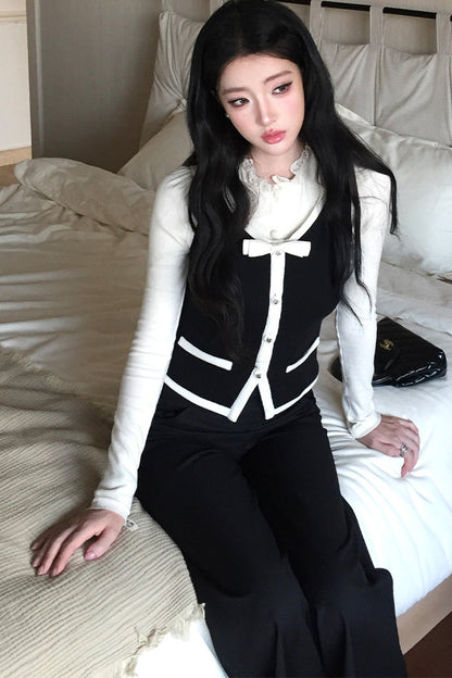 French Style Color-Block Bowknot Vest and Skirt Set-Up