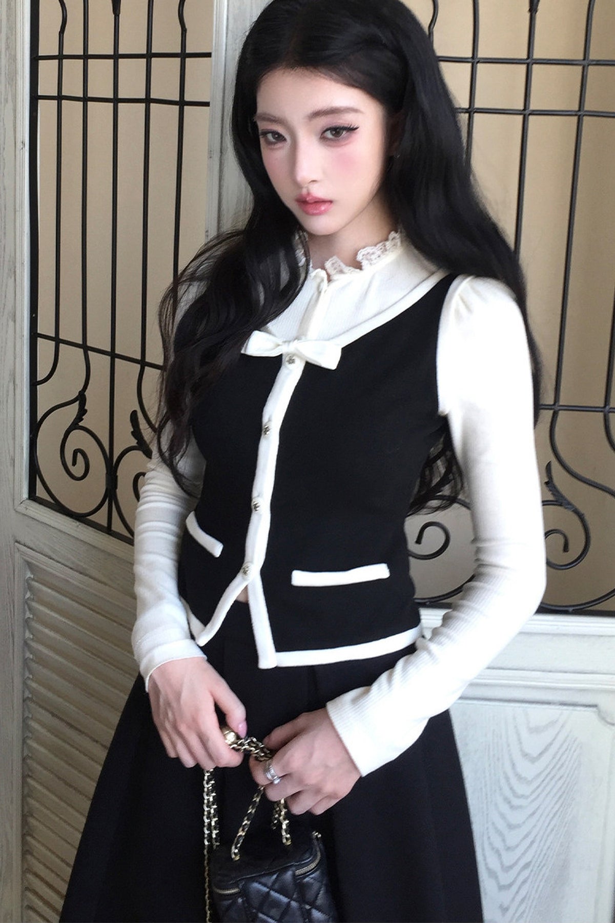 French Style Color-Block Bowknot Vest and Skirt Set-Up