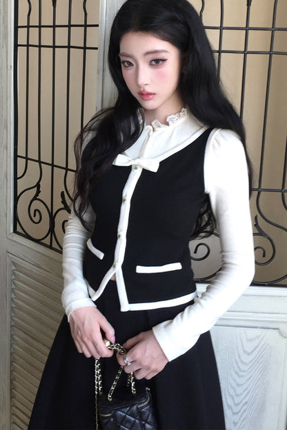 French Style Color-Block Bowknot Vest and Skirt Set-Up