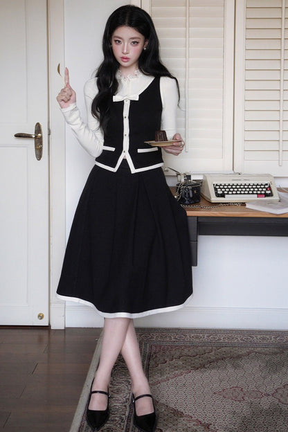 French Style Color-Block Bowknot Vest and Skirt Set-Up