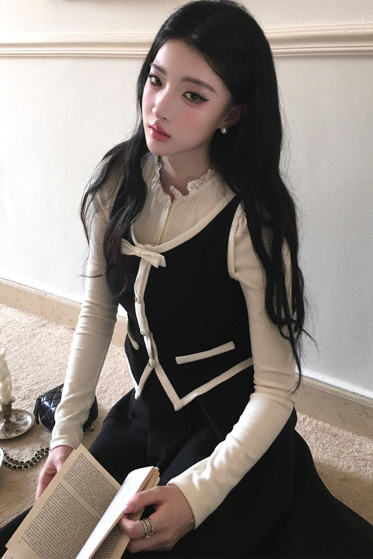 French Style Color-Block Bowknot Vest and Skirt Set-Up