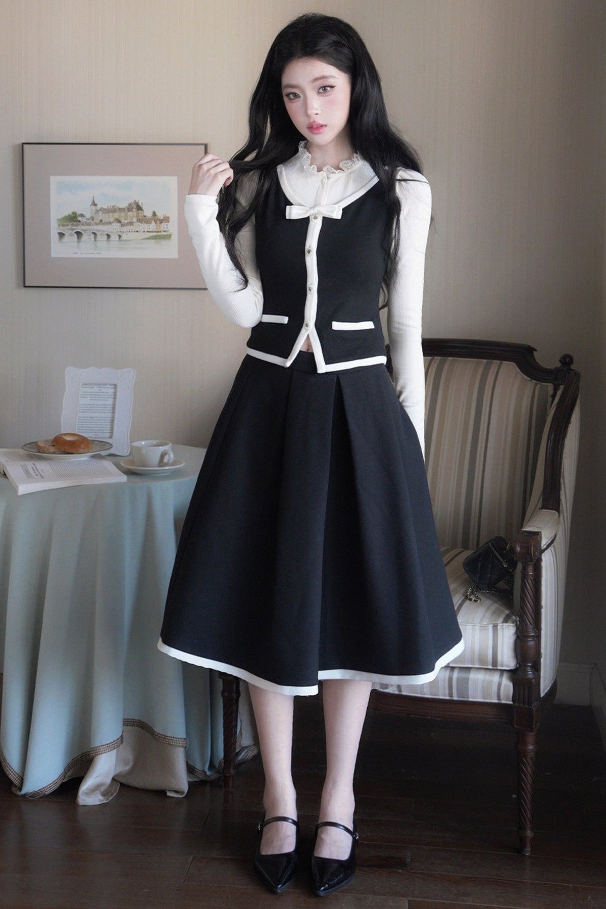 French Style Color-Block Bowknot Vest and Skirt Set-Up