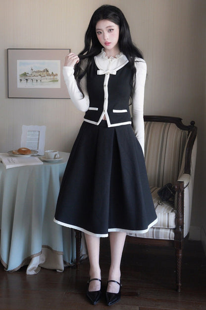 French Style Color-Block Bowknot Vest and Skirt Set-Up