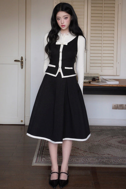 French Style Color-Block Bowknot Vest and Skirt Set-Up