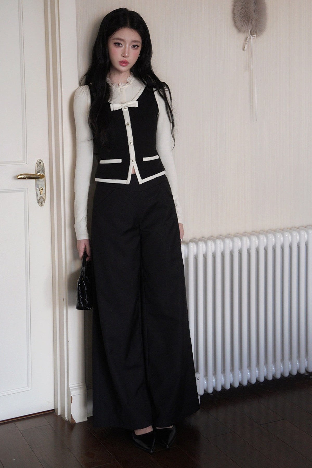 French Style Color-Block Bowknot Vest and Skirt Set-Up