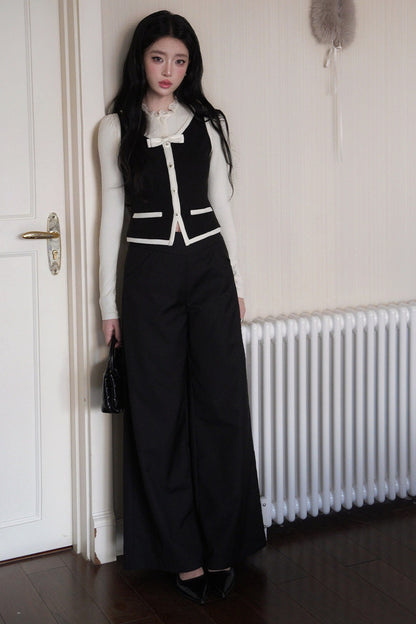 French Style Color-Block Bowknot Vest and Skirt Set-Up