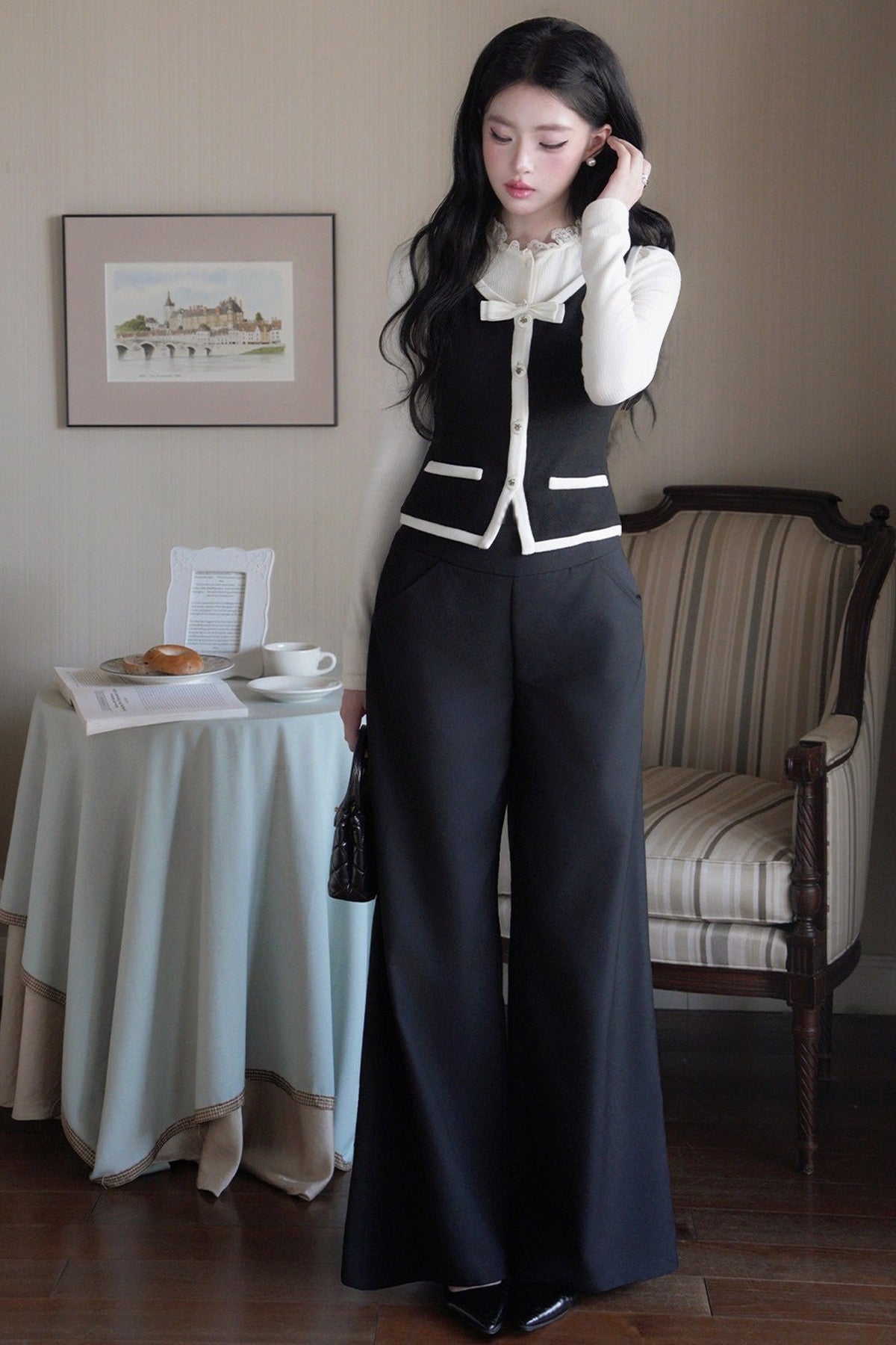 French Style Color-Block Bowknot Vest and Skirt Set-Up