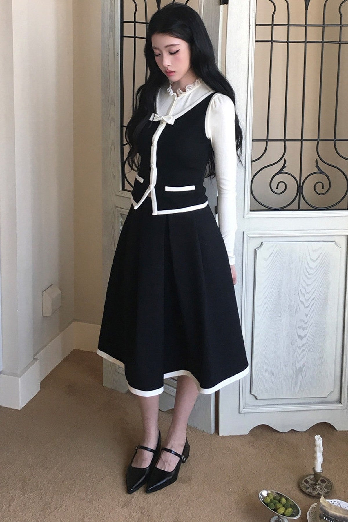 French Style Color-Block Bowknot Vest and Skirt Set-Up