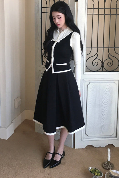 French Style Color-Block Bowknot Vest and Skirt Set-Up