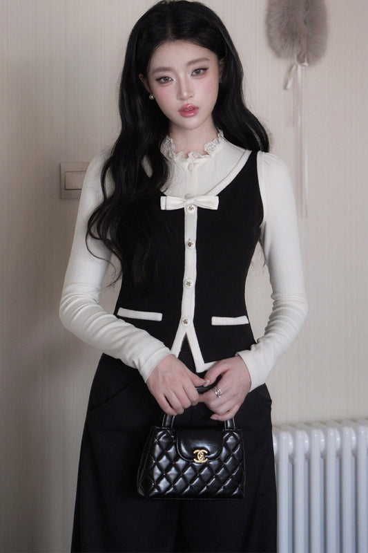 French Style Color-Block Bowknot Vest and Skirt Set-Up