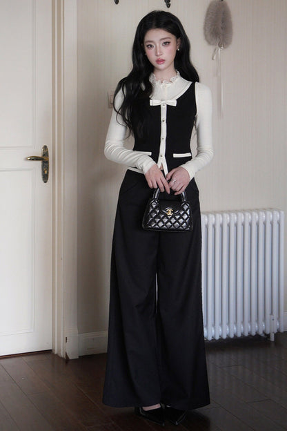 French Style Color-Block Bowknot Vest and Skirt Set-Up