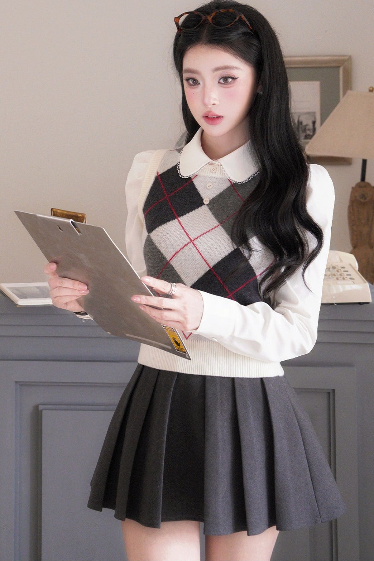 Blouse preppy à manches longues et col Claudine