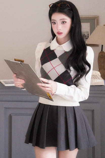 Blouse preppy à manches longues et col Claudine