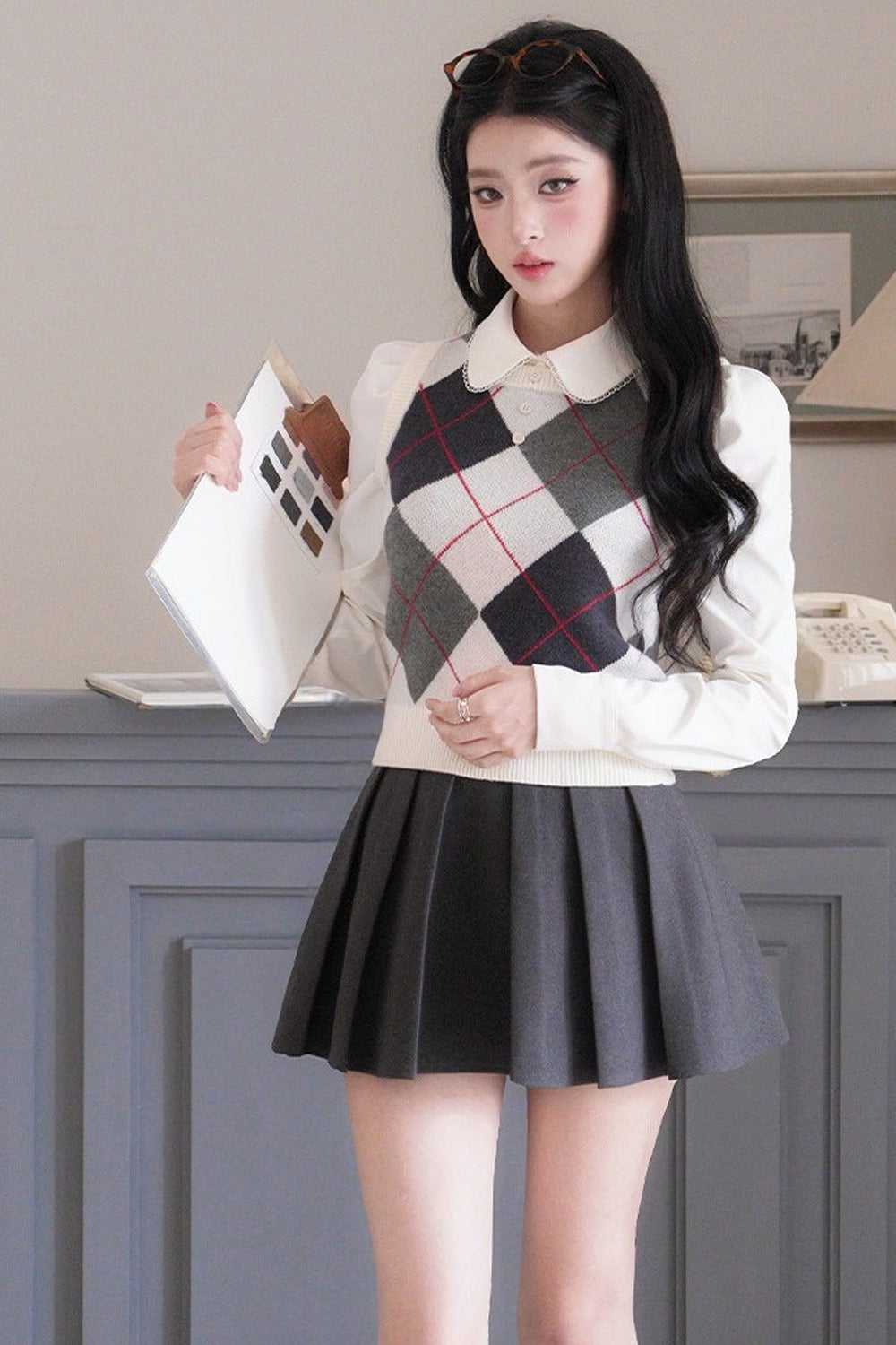 Blouse preppy à manches longues et col Claudine