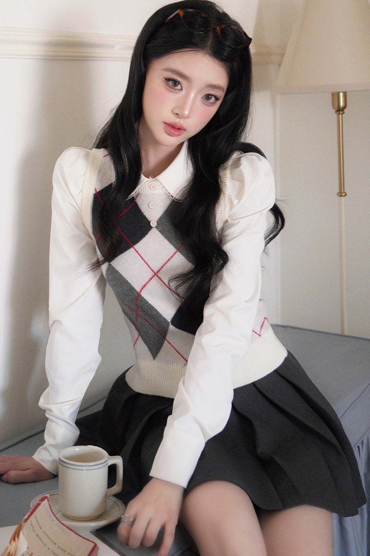 Blouse preppy à manches longues et col Claudine