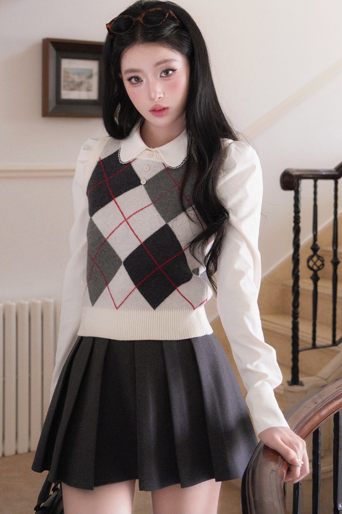 Blouse preppy à manches longues et col Claudine