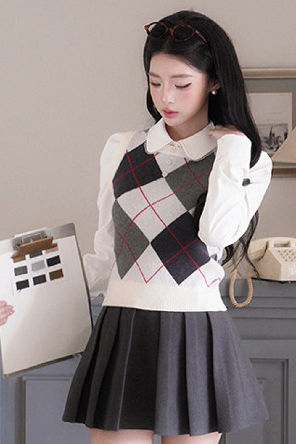 Blouse preppy à manches longues et col Claudine