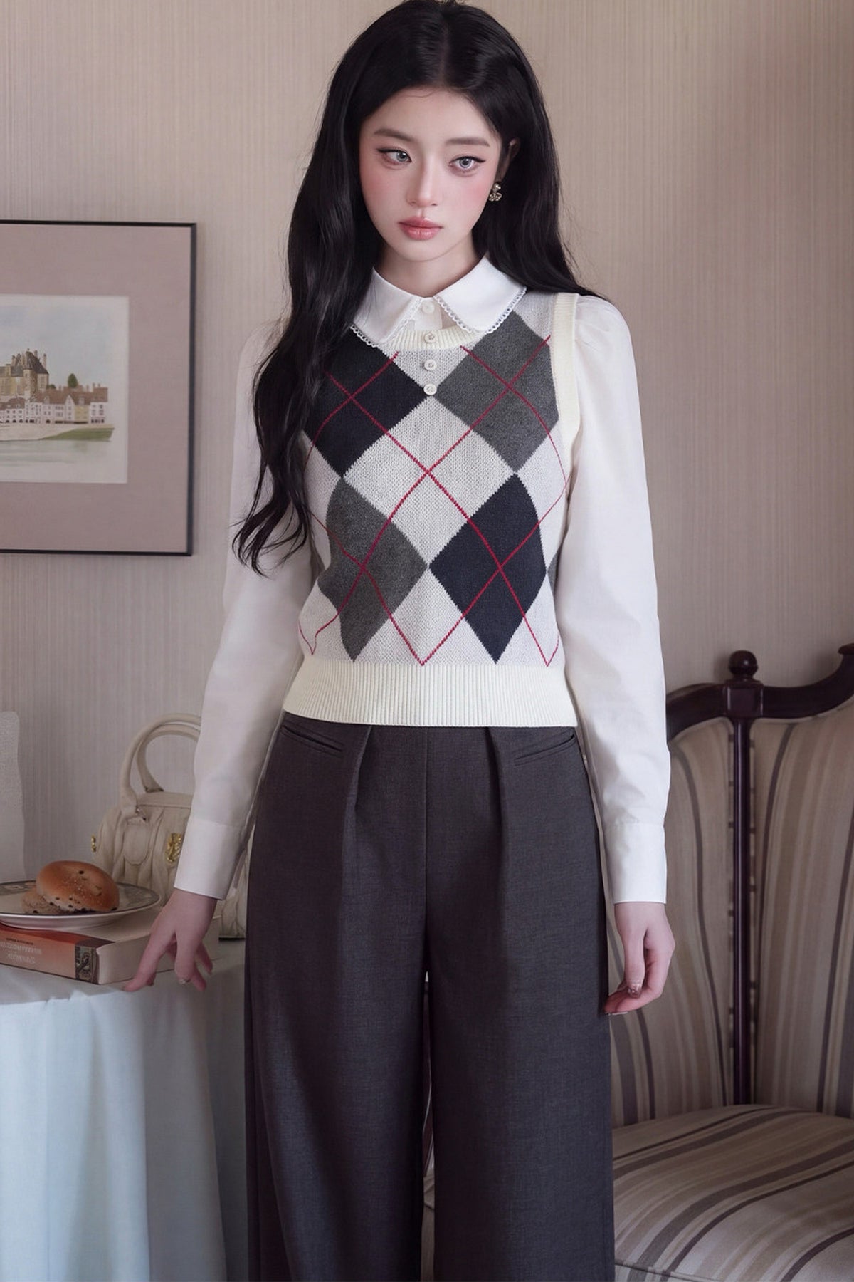 Blouse preppy à manches longues et col Claudine
