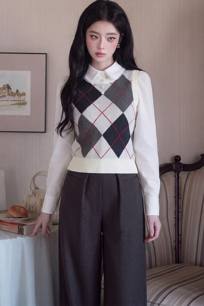 Blouse preppy à manches longues et col Claudine
