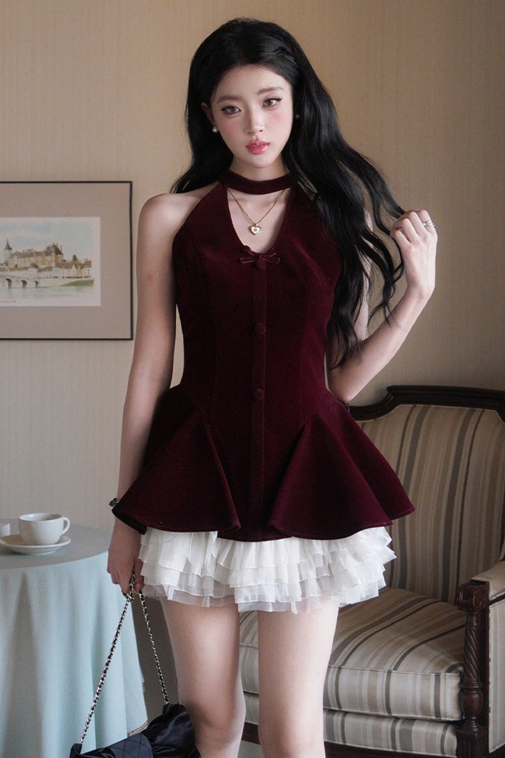 Deep Red Halter Neck Puffy Dress