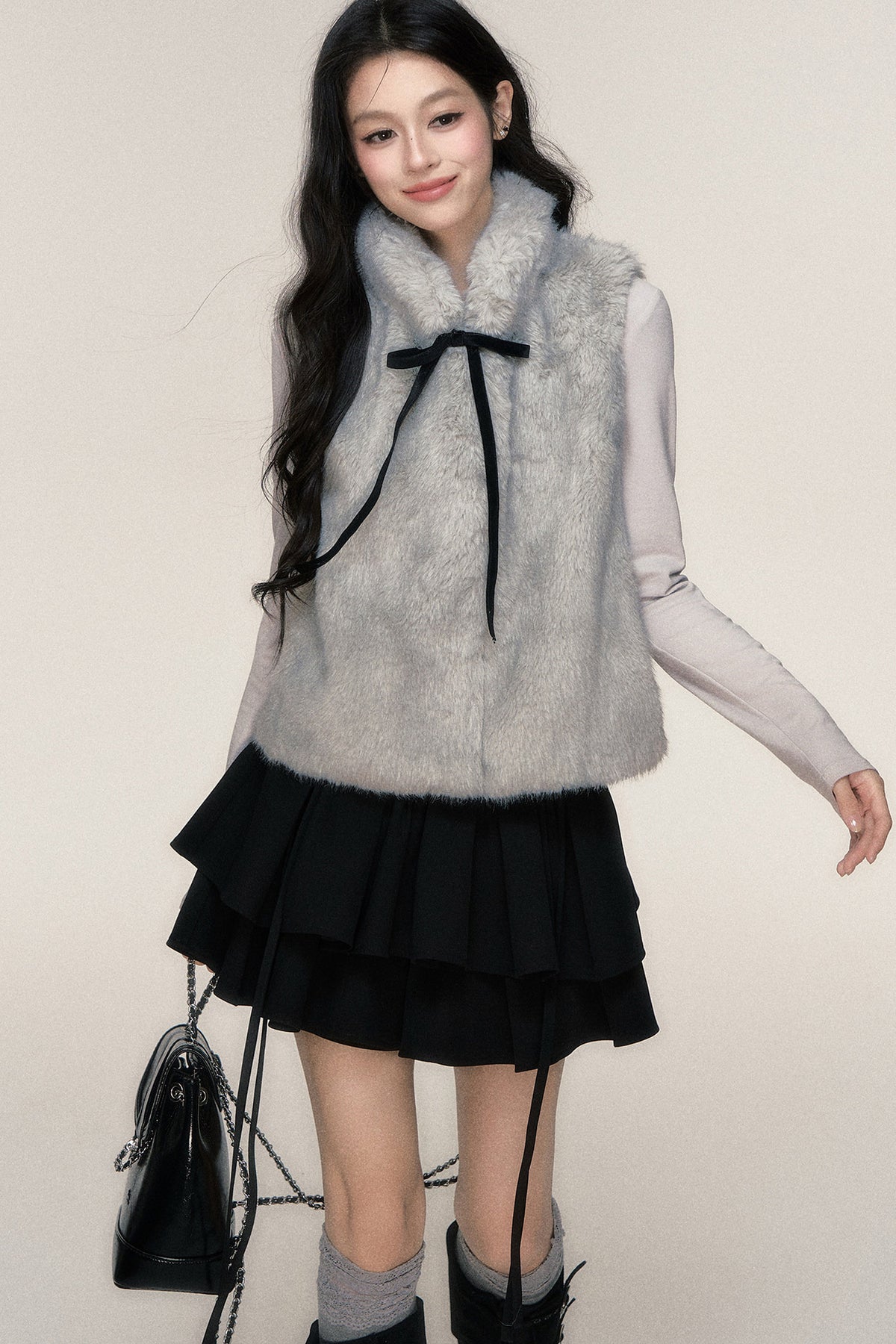 Bow Tie Faux Fur Vest