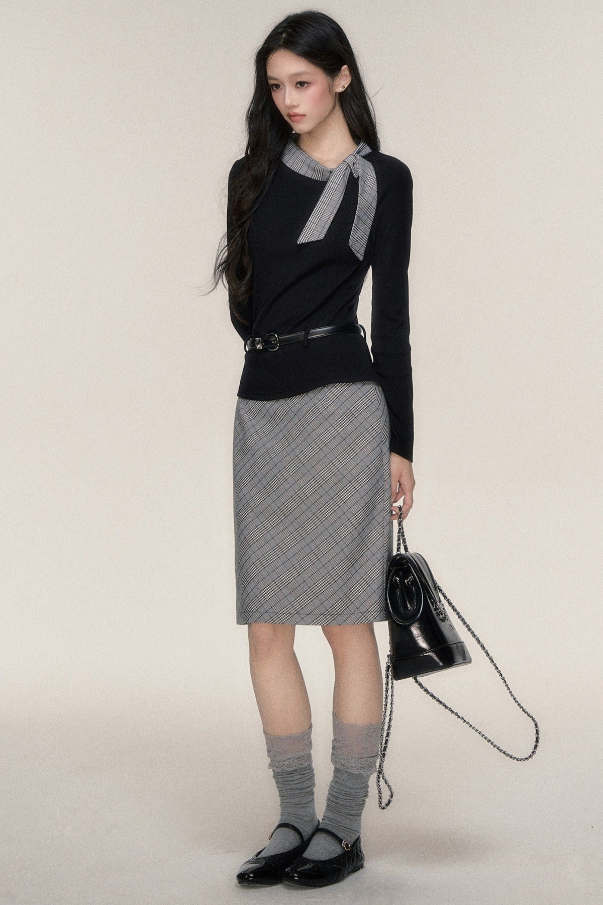 Plaid Ribbon Knit Top and Skirt Set-Up