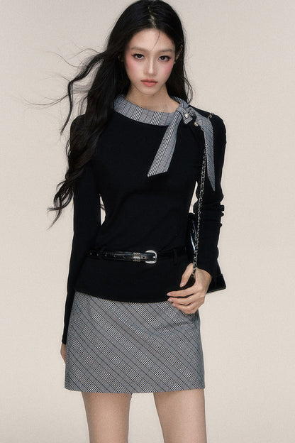 Plaid Ribbon Knit Top and Skirt Set-Up