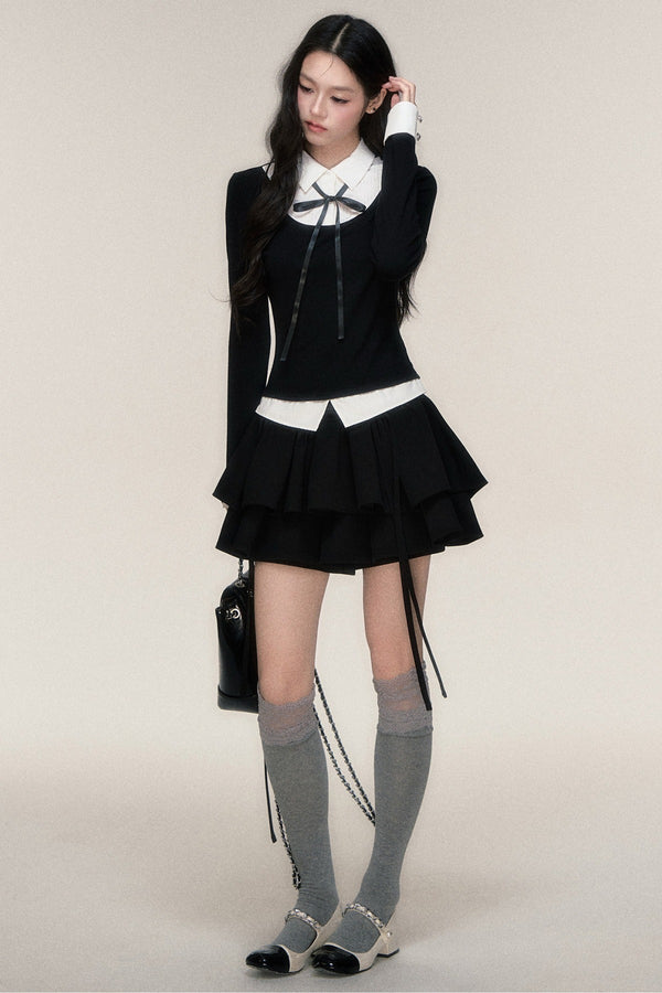 Slim Fit Color-Block T-Shirt and Skirt Set-Up