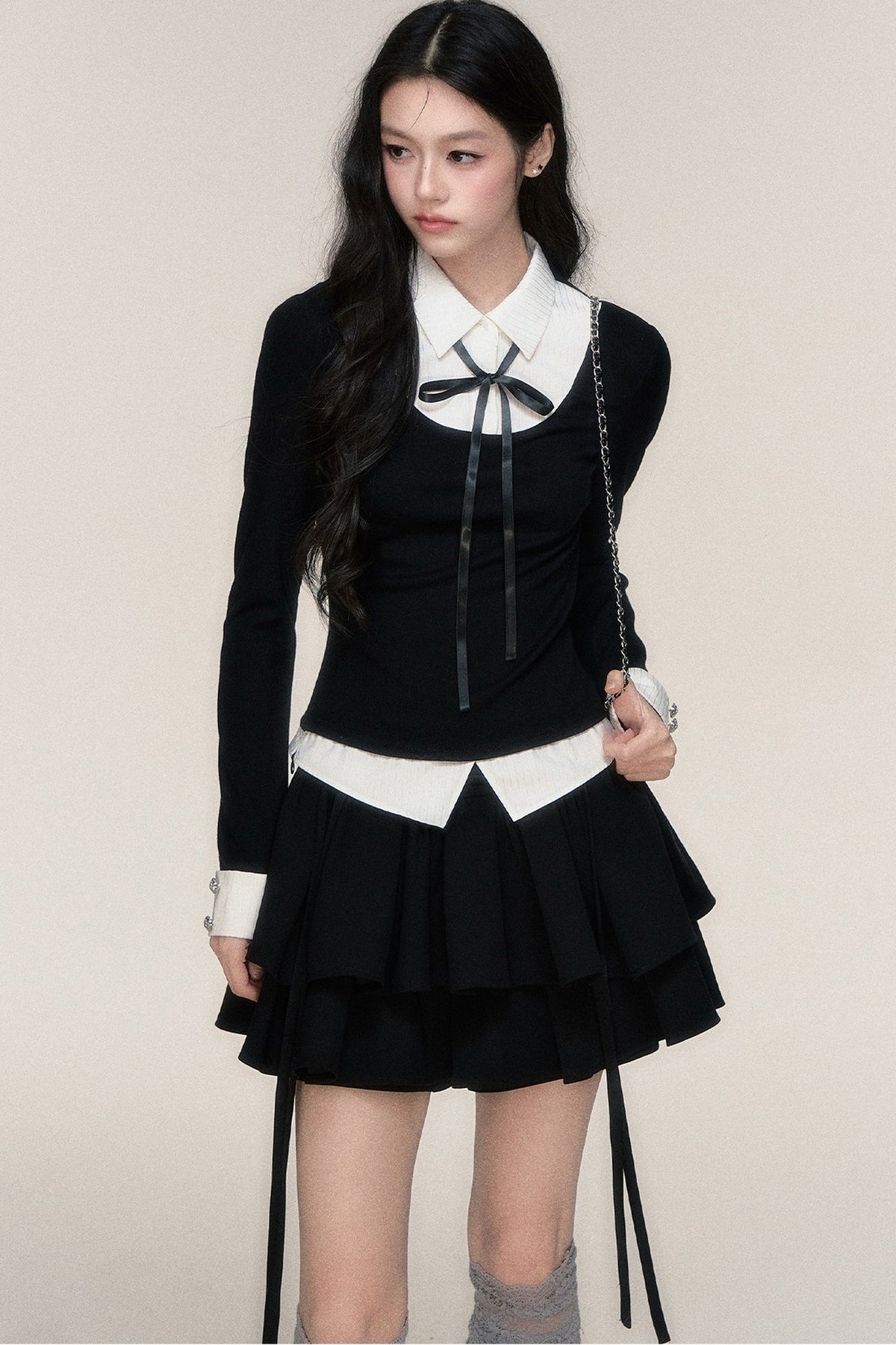 Slim Fit Color-Block T-Shirt and Skirt Set-Up