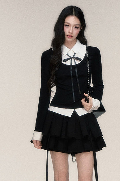 Slim Fit Color-Block T-Shirt and Skirt Set-Up