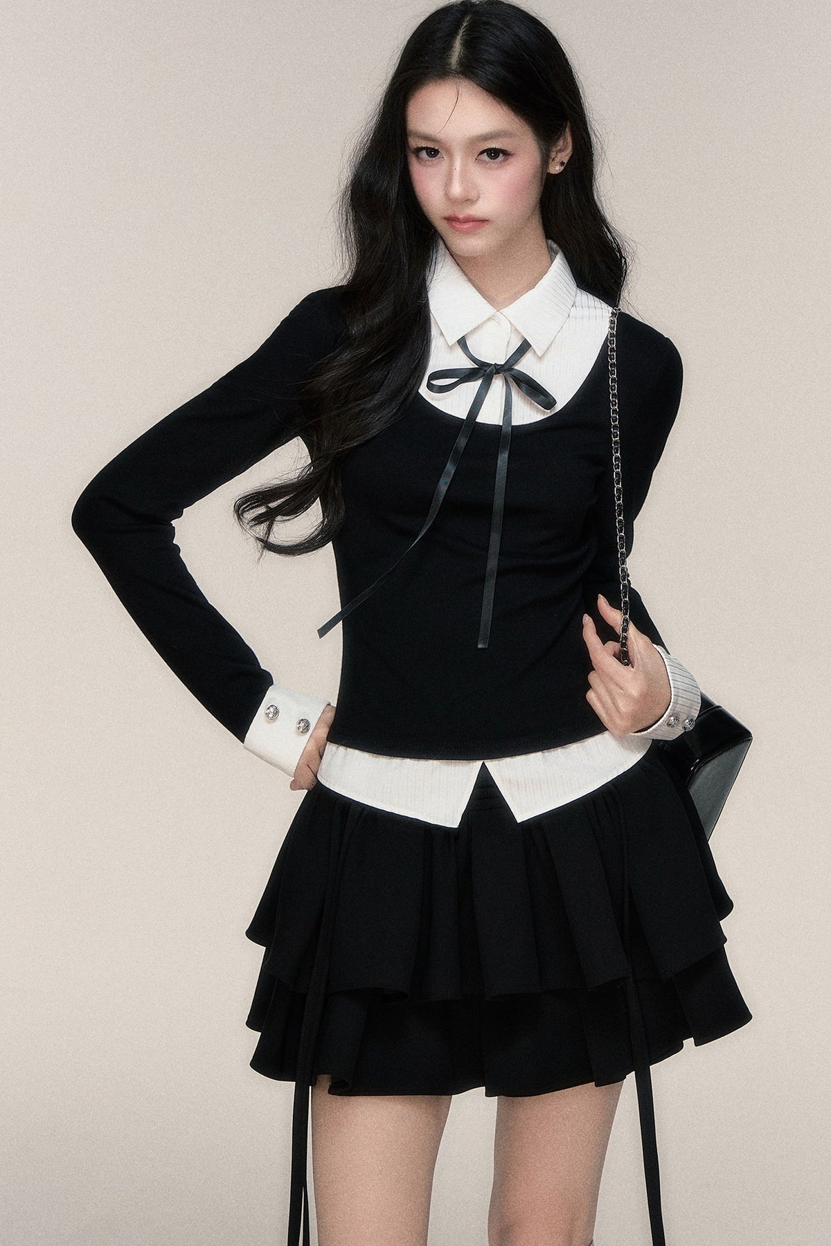 Slim Fit Color-Block T-Shirt and Skirt Set-Up