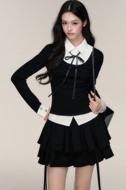 Slim Fit Color-Block T-Shirt and Skirt Set-Up