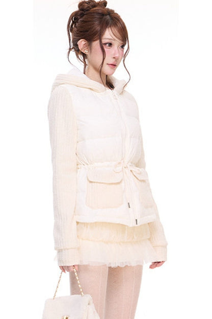 Hooded Drawstring Down Jacket and Mesh Woolen Skirt Set-Up