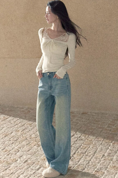 Jeans in denim lavato effetto vintage a gamba dritta