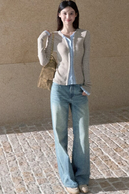 Jeans in denim lavato effetto vintage a gamba dritta