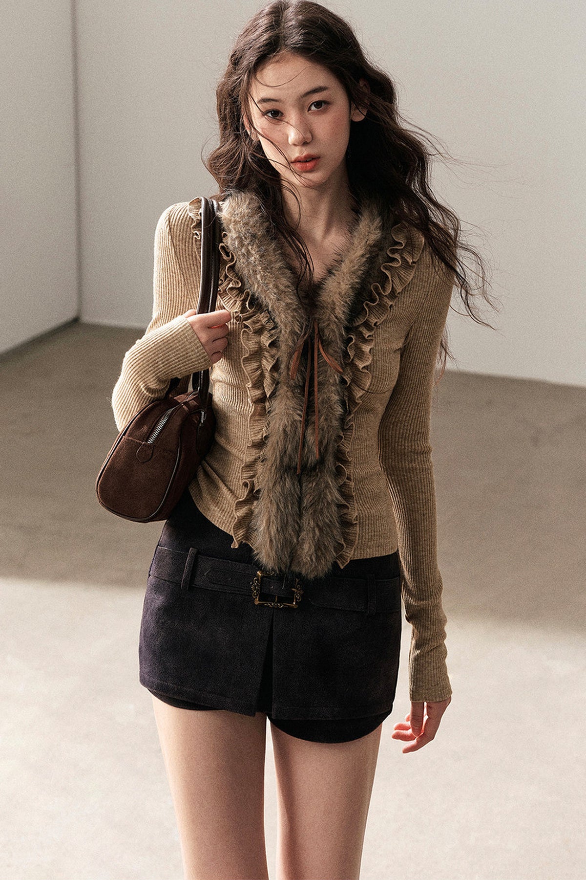 Ruffled Edge Faux Fur Sweater