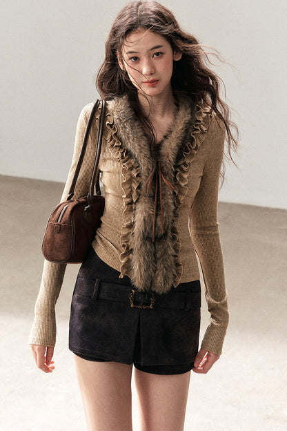 Ruffled Edge Faux Fur Sweater