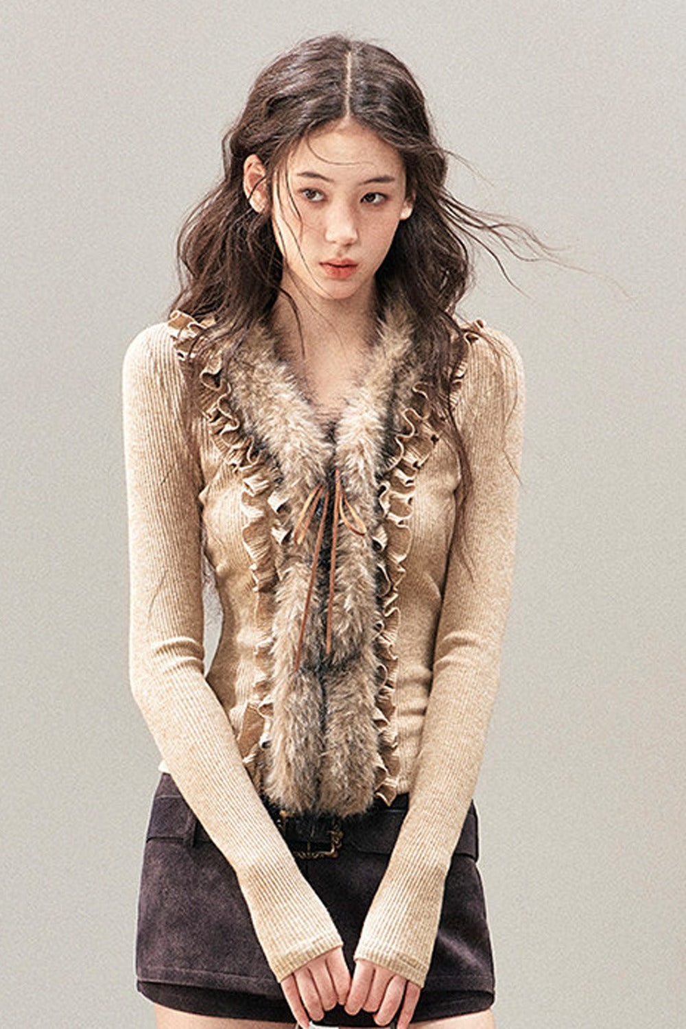 Ruffled Edge Faux Fur Sweater