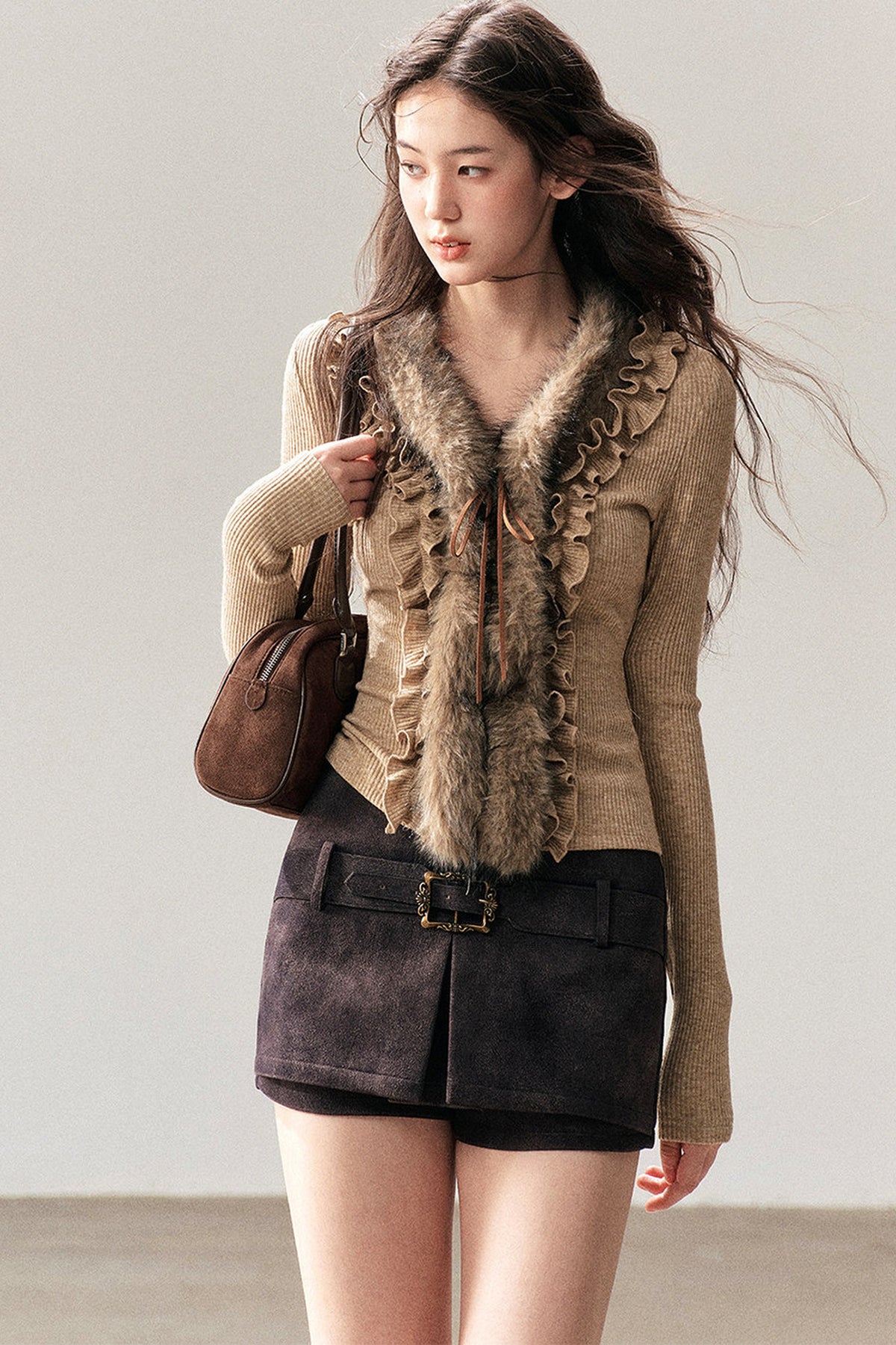 Ruffled Edge Faux Fur Sweater