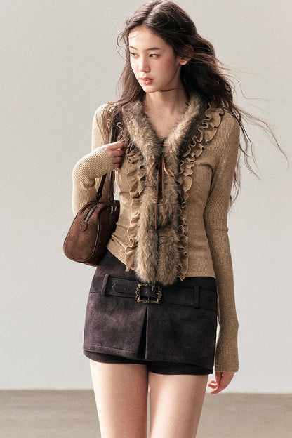 Ruffled Edge Faux Fur Sweater